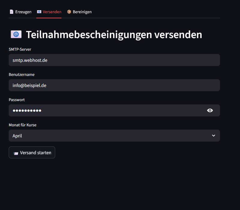 Anwendungsansicht zum automatisierten Versand der Teilnahmebescheinigungen