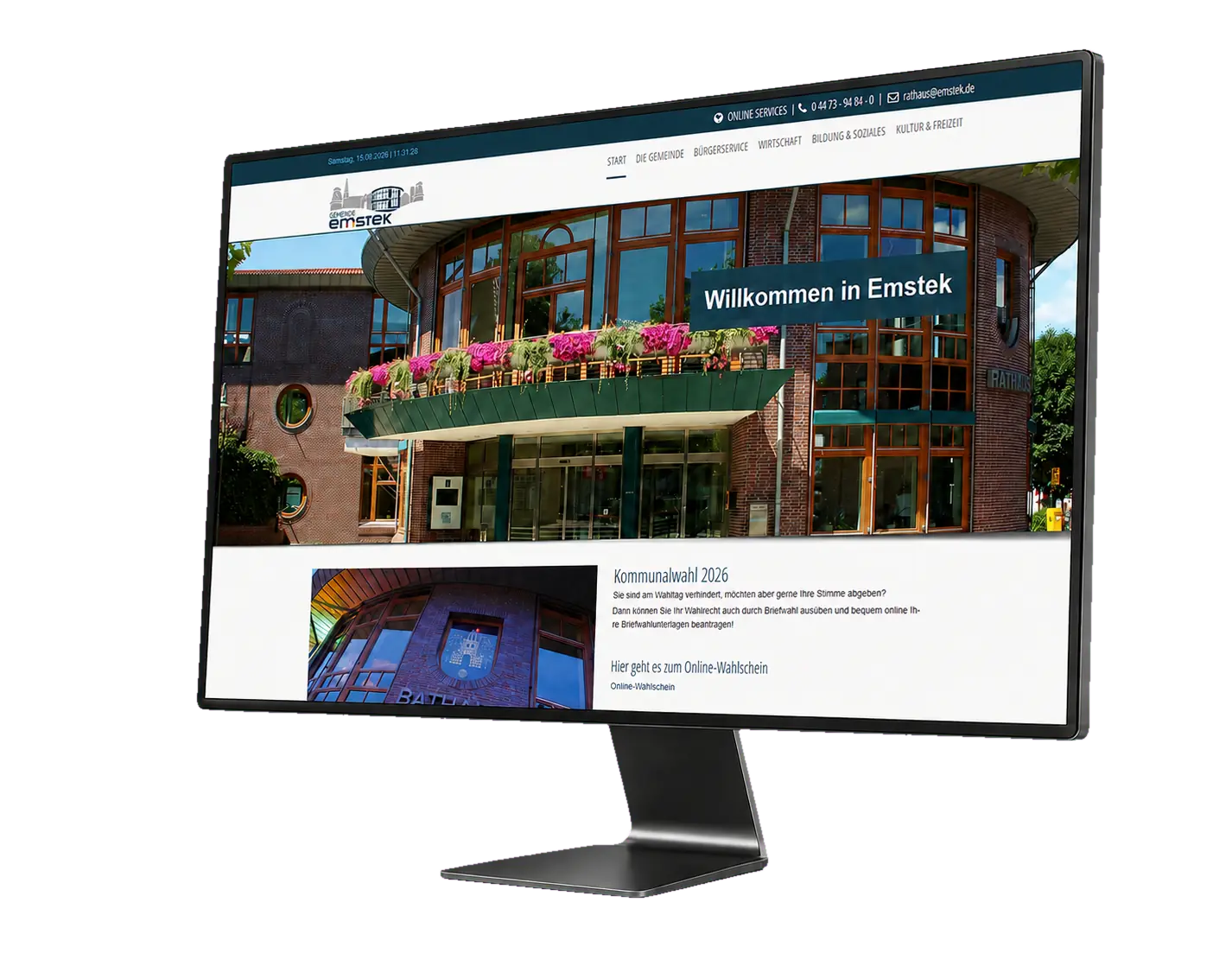Website der Gemeinde Emstek auf einem modernen Monitor